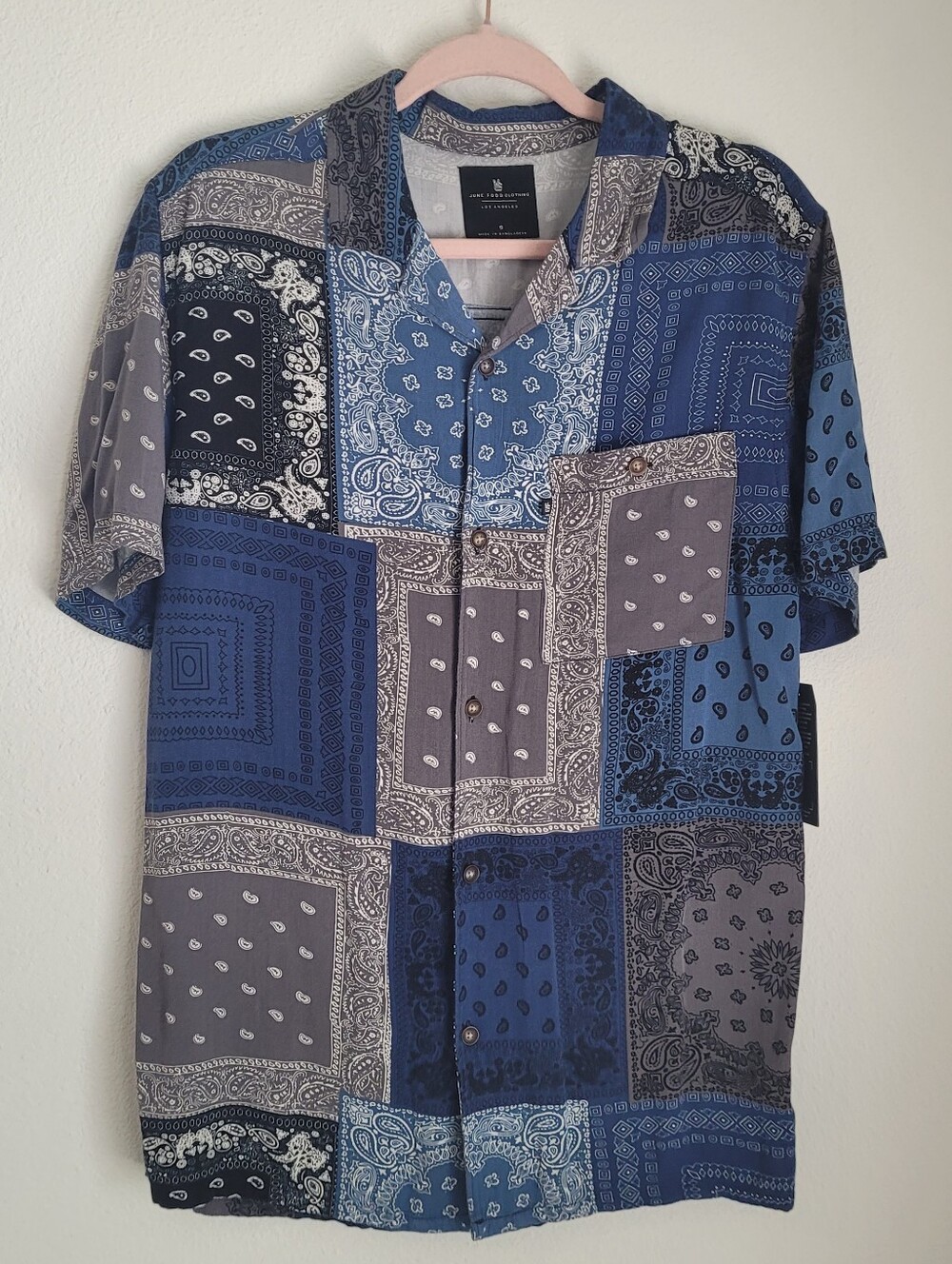 NWT Junk Food Clothing Bandana Patchwork Camp Shirt Small Blue Streetwear